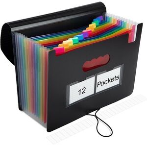 Durable Rainbow/ Black 12 Pockets Expanding File Folder Organizer 13.8” X 9.8”
